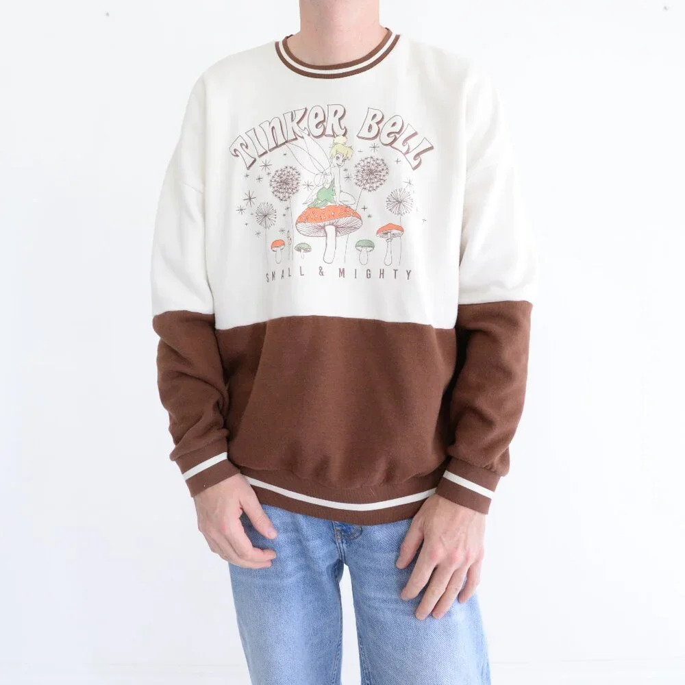 Disney Our Universe Embroidered Tinkerbell Cream And Brown Crew Neck Sweater Med